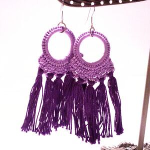 Boho Inspired Lavender Purple Crochet Fringed Drop Hoop Earrings